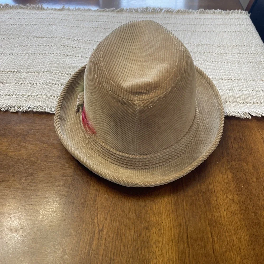 VTG Corduroy Tan Feathered Fedora Men's Hat Made In USA Size L Amalgamated Union
